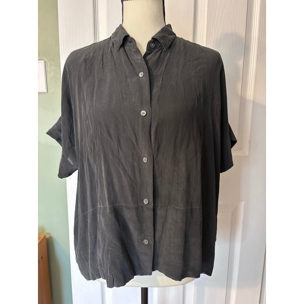 Everlane Blouse 100% Silk Women's Size 6 Black Button Down Cuffed Sleeves